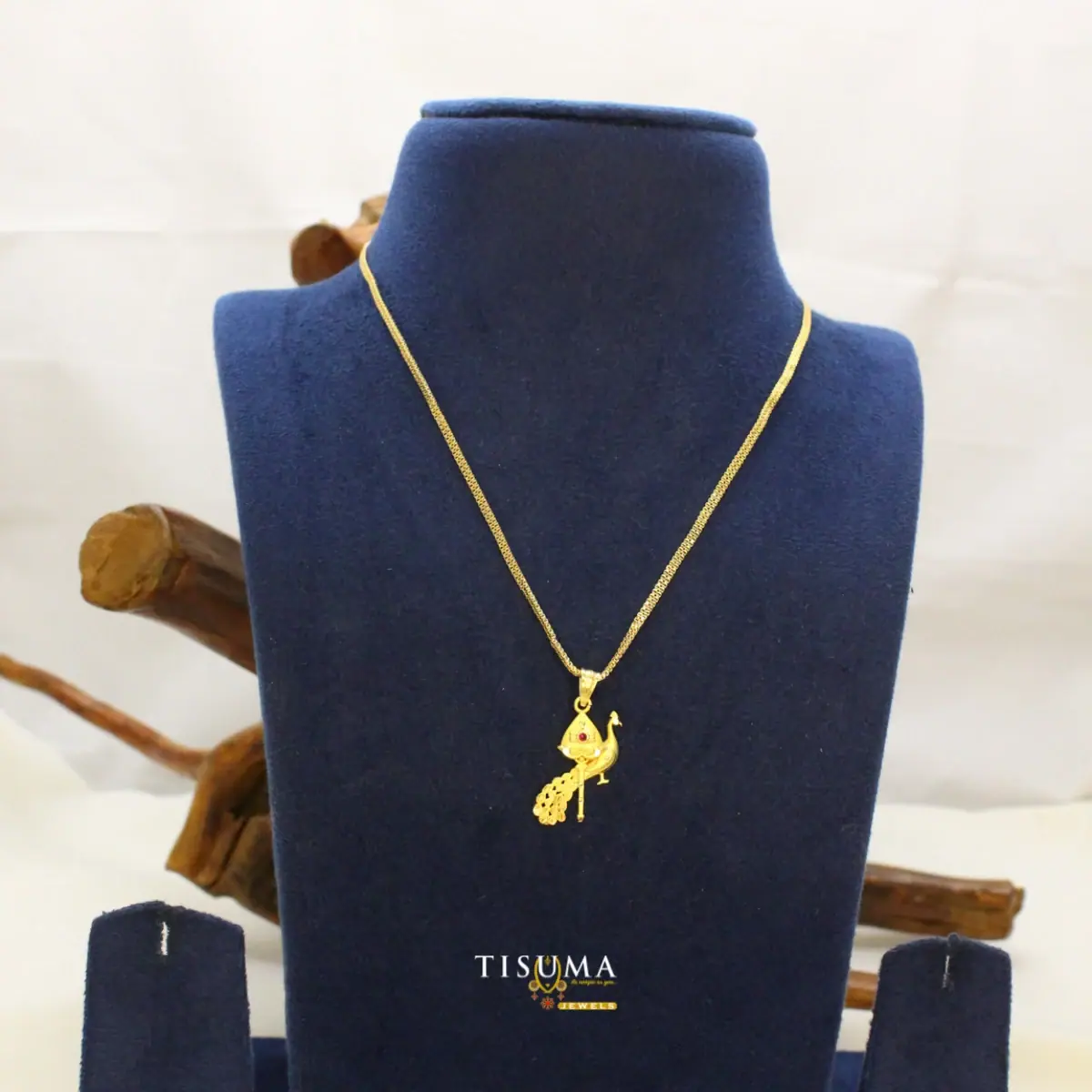 Traditional Micro Gold Plated Dainty Small Peacock Dollar Motif Pendant with 18 Inch Textured Chain for Women